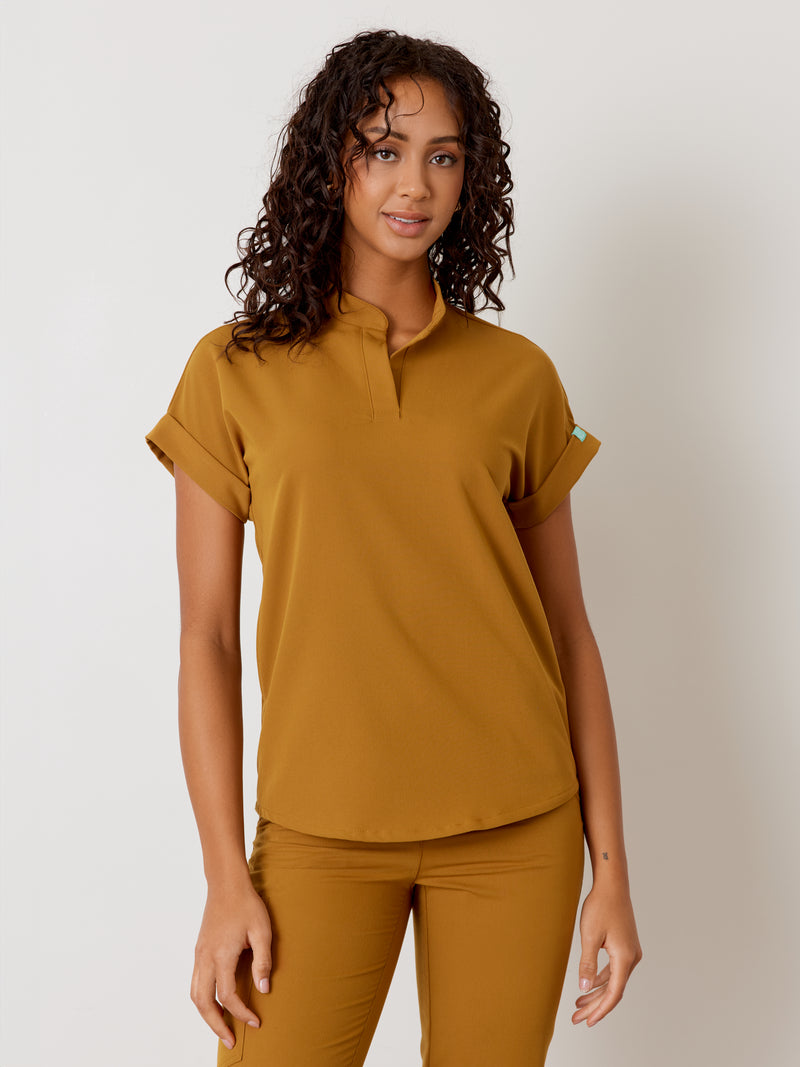 CHARLIE RE-GARDE™ - BRONZE - Mandarine Collar Scrub Top - SILVADUR™||CHARLIE RE-GARDE™ - BRONZE - Haut Col Mao - SILVADUR™