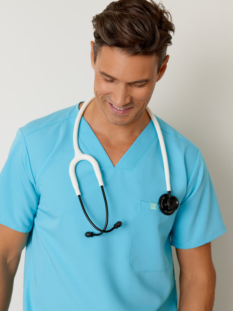 LOGAN RE-GARDE™ - RETRO BLEU - One Pocket Men's Scrub Top||LOGAN RE-GARDE™ - RETRO BLEU- Haut Une Poche