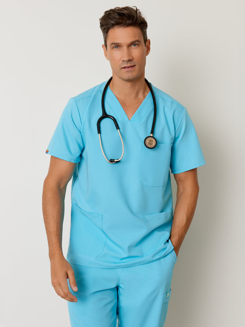 ZACK RE-GARDE™ - RETRO BLEU - Three Pockets Men's Scrub Top||ZACK RE-GARDE™ - RETRO BLEU - Haut Trois Poches