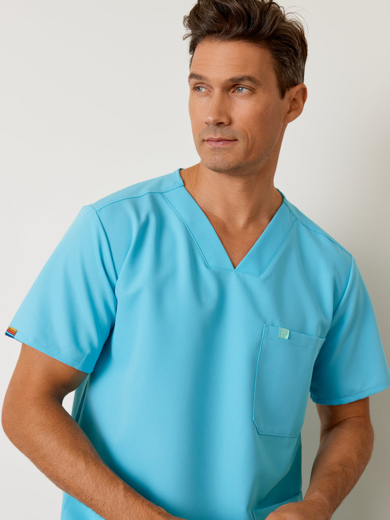 ZACK RE-GARDE™ - RETRO BLEU - Three Pockets Men's Scrub Top||ZACK RE-GARDE™ - RETRO BLEU - Haut Trois Poches